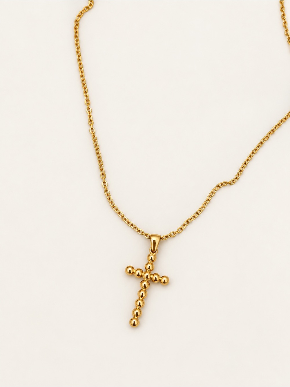 18K Gold Tone Stainless Steel Beaded Cross Pendant Necklace Dainty Faith Jewelry